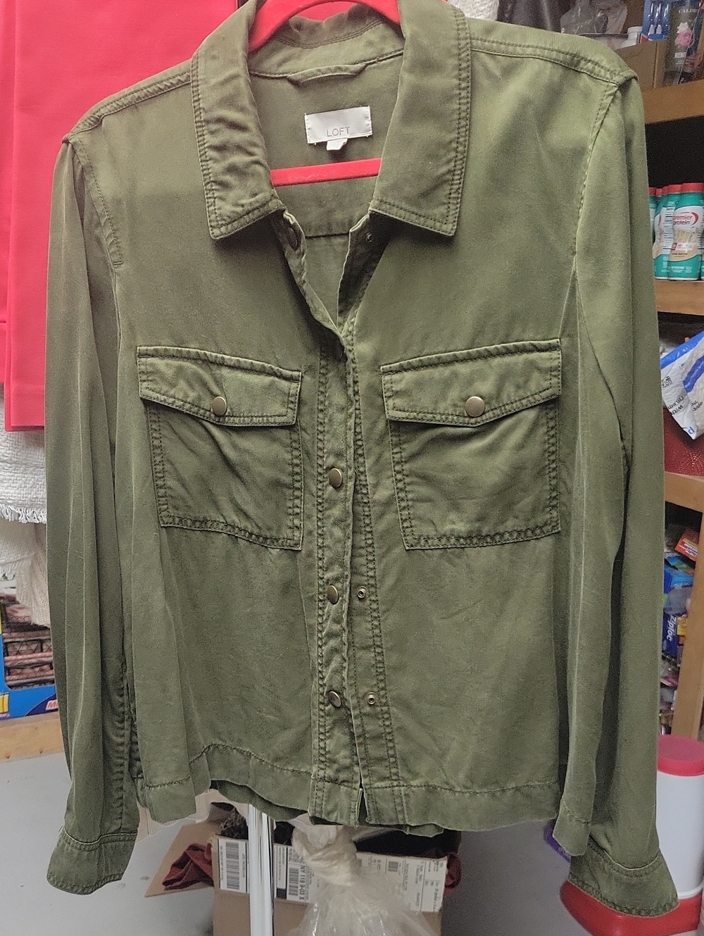 LOFT Olive Utility Snap-Front Shirt Jacket